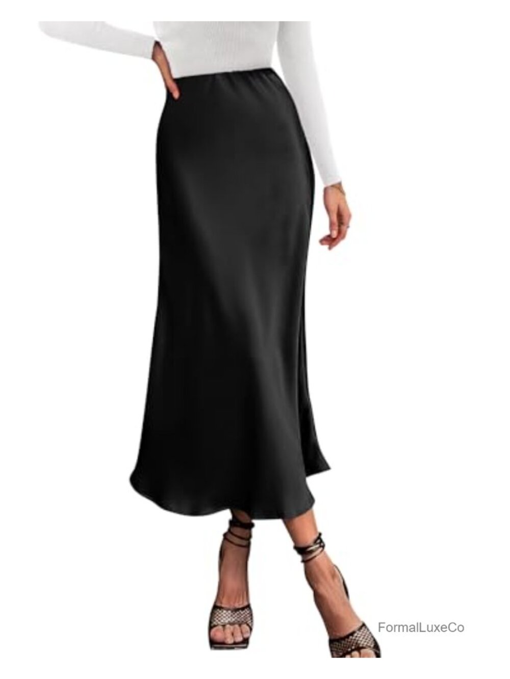 Satin High Waisted A-Line Midi Skirt Ruffle Hem Elastic Waist